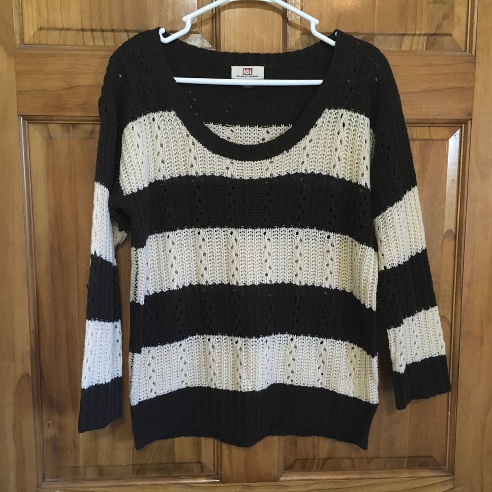 LEI Striped Knit Sweater Womens XL Brown Beige Long Sleeve Scoop Neck Pullover